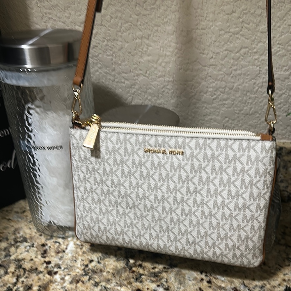 Michael Kors Tan and White Crossbody Bag with Gold Hardware